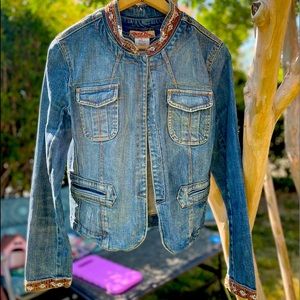 Ladies size large denim jacket. Velvet and ribbon embellishments.